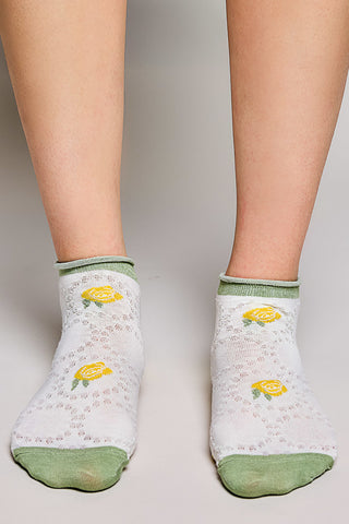 Pol Playful Ankle Socks, White with Yellow Floral