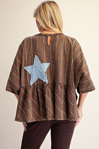 Easel - Star Patch Featured Washed Plaid Top - Mocha