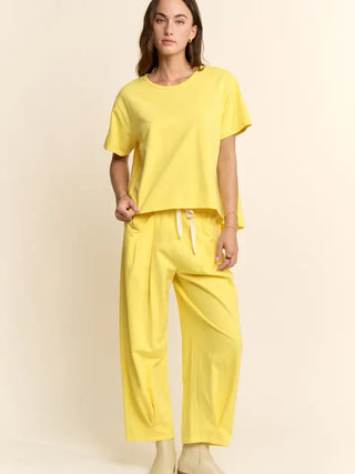 Davi & Dani Garment-wash Pleated Top & Pants Set - Yellow