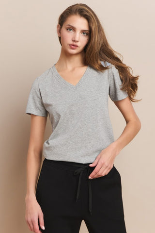A woman wearing a heather gray V-neck cotton T-shirt with short sleeves.