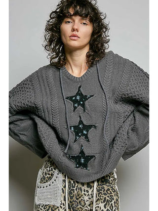 Pol - V Neck 3D Weave Star Lace Patch Hoodie Sweater