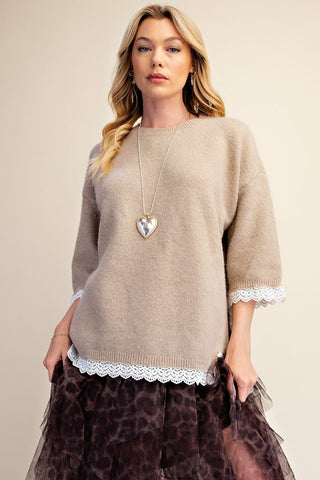 A khaki knitted sweater with lace inset details at the hem and cuffs.