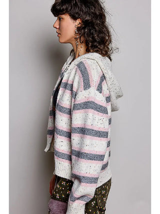 Pol - Speckled Texture Striped Zip-up Knit Hoodie Cardigan