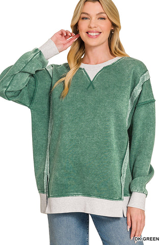 Zenana Fleece Acid Washed Contrast Trim Pullover