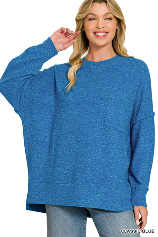 Zenana - Brushed Melange Drop Shoulder Oversized Sweater - Classic Blue