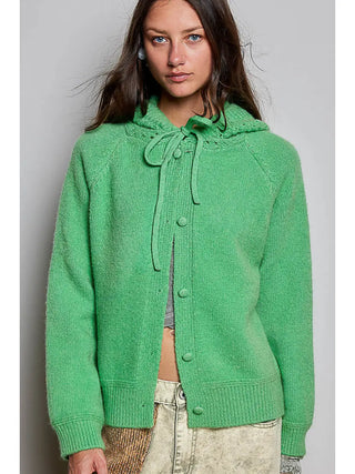 Green long sleeve hooded knit cardigan with button-down front and ribbed cuffs.