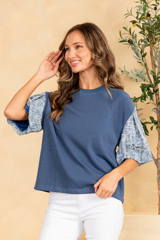 Sew In Love - Embroidered Puff Sleeve Top - Navy Denim