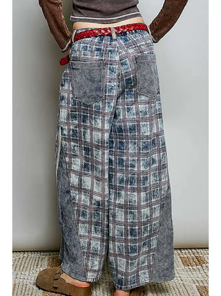 Pol - Vintage Thermal Patch High Rise Wide Leg Pants - Indigo Plaid