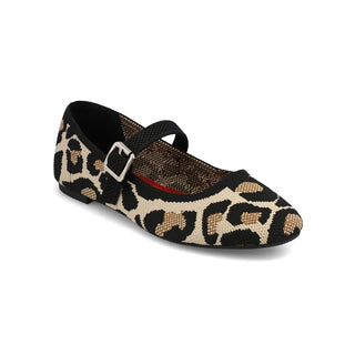 Leopard-patterned flat shoe with a buckle strap and flat sole.