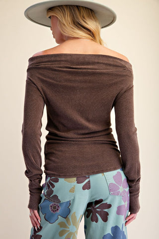Easel - Washed Baby Rib Knit Off Shoulder Top
