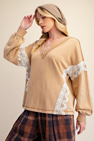 Easel - Lace Detailing Washed Terry Pullover