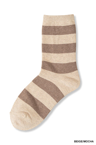 Zenana -Striped Crew Socks - Beige Mocha