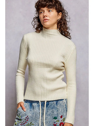 Pol - Fitted Mock Neck Rib Knit Stretch Sweater -