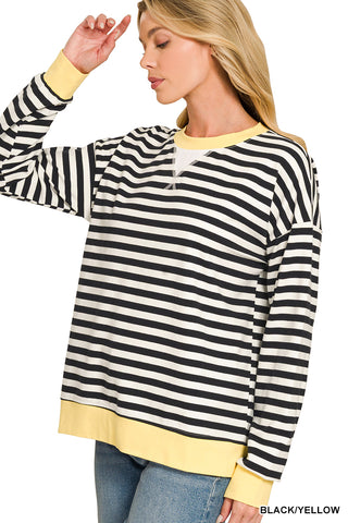 Zenana - Striped Rib Banded Long Sleeve Pullover - Black/Yellow