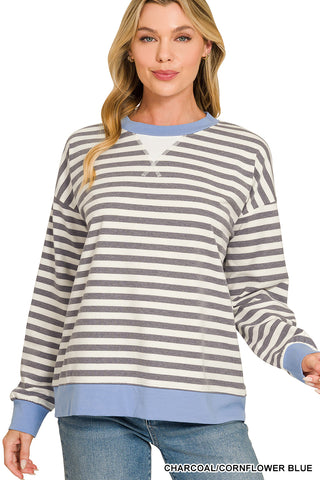 Zenana - Striped Rib Banded Long Sleeve Pullover - Charcoal Cornflower Blue