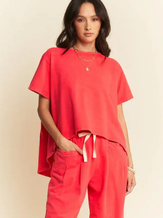 Davi & Dani Garment-wash Pleated Top & Pants Set - Red