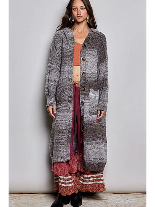 A marled knit hooded longline cardigan in choco multi with button front closure, worn by a model.