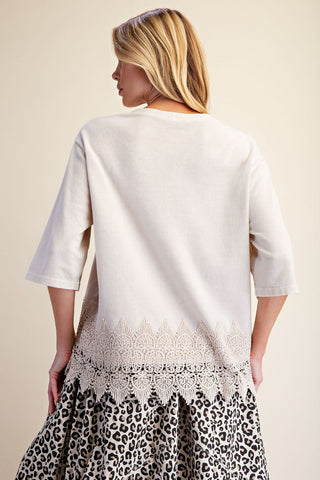Easel - Washed Lace Bottom Boxy Knit Top
