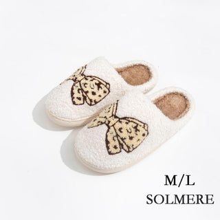 Judson - Plush Leopard Print Bow Slide On Slippers - White Tan