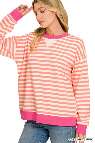 Zenana - Striped Rib Banded Long Sleeve Pullover - Coral Hot Pink