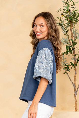 Sew In Love - Embroidered Puff Sleeve Top - Navy Denim