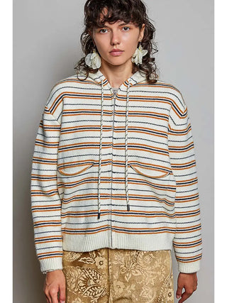 A cream multi-color knit cardigan with stripes, a hood, and front pockets.