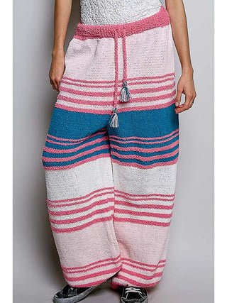 Wide-leg sweater pants in pink multi-color with 3D stripes, featuring a drawstring waist.