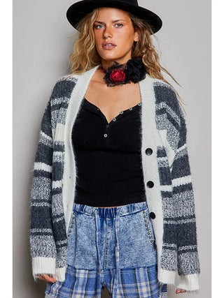 Oversized striped knit cardigan in black multi with V-neck and buttons.