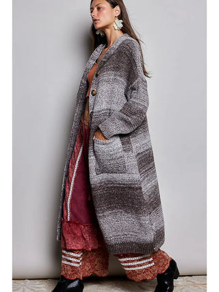Pol - Marled Knit Hooded Longline Cardigan Button Front