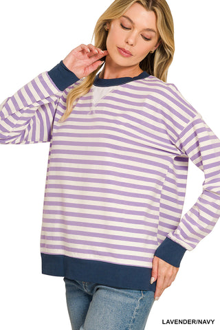 Zenana - Striped Rib Banded Long Sleeve Pullover - Lavender Navy