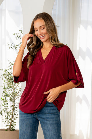 Sew In Love - Long Sleeve V-neck Top - Wine