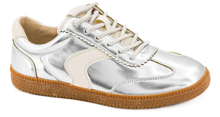 Silver Mirror Metallic sneakers with synthetic upper, lace-up closure, and textured rubber outsole.