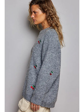 Pol - Vintage Cherry Embroidered Crew Neck Knit Oversize Sweater