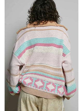 Pol - High Collar Half Zipper Ethnic Color Block Pullover Sweater