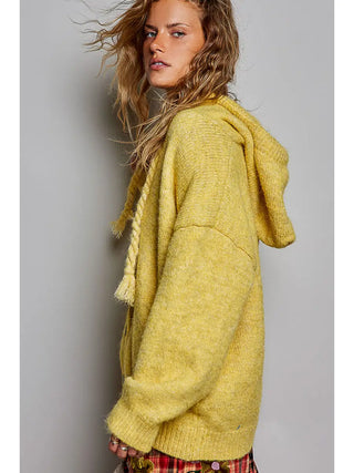 Pol - Hooded Button Front Braided Drawstring Knit Cardigan