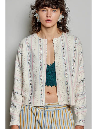 Pol - Vintage Floral Stripe Crew Neck Knit Pullover Cardigan