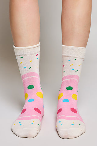 Colorful novelty crew socks with multicolor polka dots and sprinkles in pink and white.