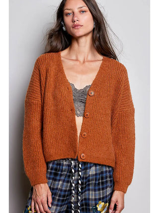 A woman wears a burnt cocoa V-neck button down sweater cardigan with long sleeves.