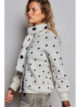 Pol - Polka Dot Button Front Knit Cardigan With Scarf