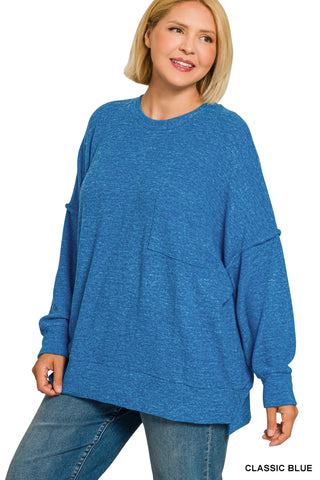 Zenana - Brushed Melange Drop Shoulder Sweater - Classic Blue