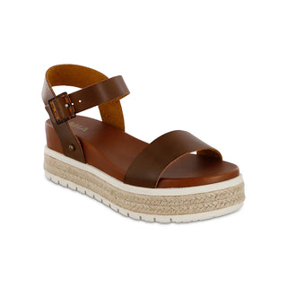 Cognac platform sandals with an adjustable ankle strap and jute-wrapped sole.