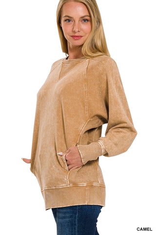Zenana Acid Washed French Terry Pullover With Pockets