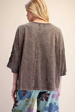 Easel - Embroidered Washed Terry Top - Mocha