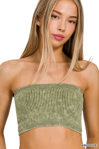 Zenana - Washed Ribbed Seamless Tube Top - Ash Olive