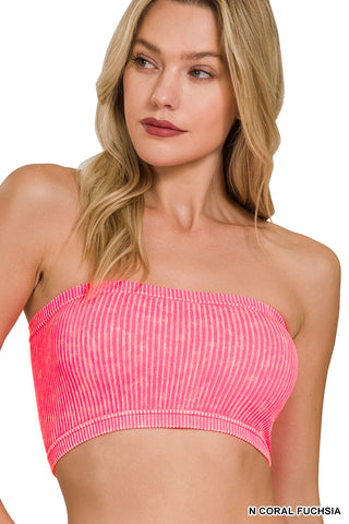 Zenana - Washed Ribbed Seamless Tube Top - Neon Coral Fuschia