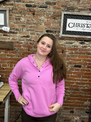 Zenana Snap Button Hoodie Pullover – Soft Fleece Casual Hoodie - Bright Mauve