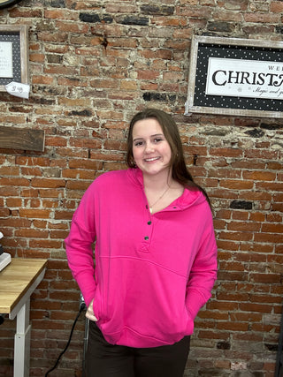 Zenana Snap Button Hoodie Pullover – Soft Fleece Casual Hoodie - Fuchsia