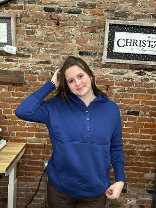 Zenana Snap Button Hoodie Pullover – Soft Fleece Casual Hoodie - Light Navy