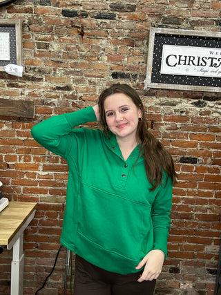 Zenana Snap Button Hoodie Pullover – Soft Fleece Casual Hoodie - Kelly Green