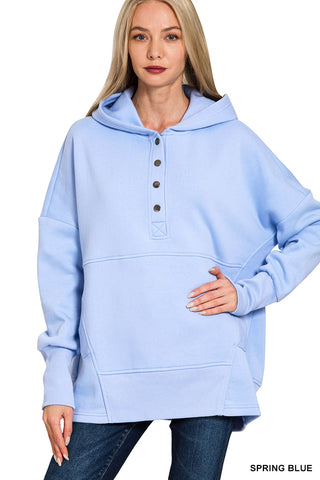 Zenana Snap Button Hoodie Pullover – Soft Fleece Casual Hoodie - Spring Blue